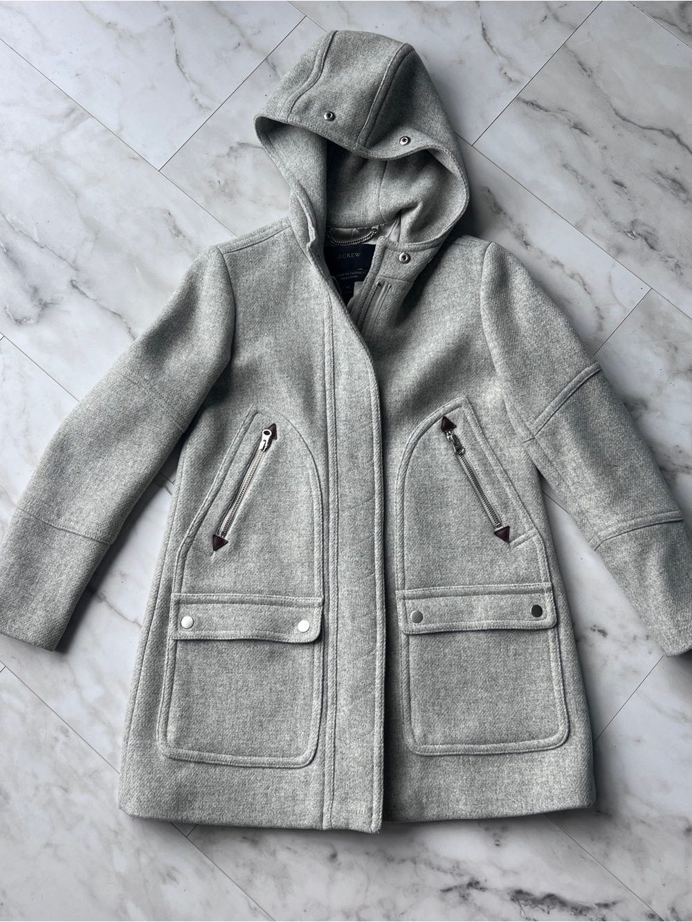 J. Crew Stadium Cloth by Nello Gori Light Gray Hooded Wool-Blend Pea Coat sz 0P